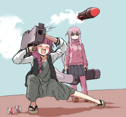 Rule 34 | 2girls, ahoge, alcohol, alcohol carton, black skirt, blush, bocchi the rock!, bow, braid, closed eyes, cube hair ornament, desperado, dress, drunk, glasses, gotoh hitori, green bow, hair bow, hair ornament, hiroi kikuri, holding, holding case, holding rocket launcher, holding weapon, instrument case, jacket, long hair, meme, missile, multiple girls, open clothes, open jacket, open mouth, parody, pink hair, pink track suit, pleated skirt, purple hair, rocket launcher, sharp teeth, side ahoge, simple background, single braid, skirt, slippers, star-shaped eyewear, star (symbol), sunglasses, teeth, torako (toramaru), track suit, weapon