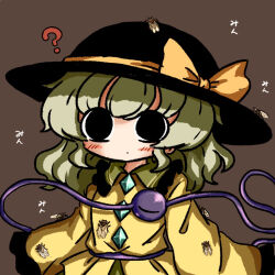 Rule 34 | 1girl, ?, bee, black eyes, black hat, blouse, blush, bow, brown background, bug, buttons, closed mouth, diamond button, expressionless, eyeball, frilled shirt collar, frilled sleeves, frills, green skirt, hat, hat bow, hat ribbon, heripantomorrow, insect, komeiji koishi, light green hair, long sleeves, medium hair, ribbon, shirt, sidelocks, simple background, skirt, sleeves past fingers, sleeves past wrists, solo, third eye, touhou, upper body, wavy hair, wide sleeves, yellow bow, yellow ribbon, yellow shirt