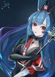 Rule 34 | 1girl, absurdres, asymmetrical gloves, azur lane, black gloves, blue hair, bodystocking, breasts, center opening, cleavage, dated, forked tongue, gloves, highres, horns, long hair, looking at viewer, marco polo (azur lane), medium breasts, mismatched gloves, multicolored hair, purple hair, ram (404272725), red eyes, scepter, staff, streaked hair, tongue, two-tone hair, upper body, very long hair, white gloves