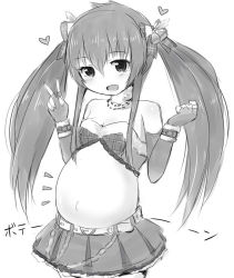 Rule 34 | 10s, 1girl, blush, bow, breasts, child, cleavage, fingerless gloves, gloves, hair bow, hair ornament, heart, idolmaster, idolmaster cinderella girls, long hair, long twintails, looking at viewer, matoba risa, monochrome, open mouth, pregnant, shiny skin, simple background, sketch, skirt, solo, standing, twintails, white background, yurarin