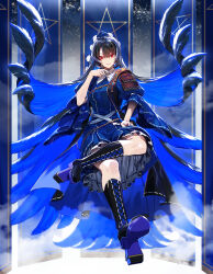 Rule 34 | 1girl, blue dress, blue hair, blue nails, blue theme, boots, chain, coat, cross-laced footwear, crossed legs, dress, feather hair, floating, fog, frilled dress, frills, full body, gem, geta, hair wings, hand on own hip, hand to own mouth, hat, highres, iizunamaru megumu, knee boots, laces, long hair, nail polish, parted lips, pom pom (clothes), red eyes, ribbon trim, shoulder guard, sky, sleeveless, sleeveless coat, smile, solo, star (sky), star (symbol), starry sky, tengu-geta, tokin hat, touhou, zounose