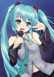 Rule 34 | 1girl, bare shoulders, blue eyes, blue hair, blush, breasts, detached sleeves, gradient background, hair ornament, hatsune miku, kishimen, long hair, m/, matching hair/eyes, microphone, midriff peek, navel, necktie, open mouth, shirt, skirt, small breasts, smile, solo, twintails, very long hair, vocaloid, wide sleeves