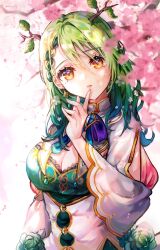 Rule 34 | 1girl, antlers, blue dress, braid, braided bangs, breasts, ceres fauna, ceres fauna (1st costume), cherry blossoms, cleavage, commentary, dress, dress flower, finger to own chin, flower, framed breasts, green hair, hair flower, hair ornament, highres, hololive, hololive english, horns, index finger raised, large breasts, lips, long hair, long sleeves, looking at viewer, mole, mole under eye, multicolored hair, reum0602, solo, streaked hair, symbol-only commentary, underbust, upper body, virtual youtuber, wide sleeves, yellow eyes