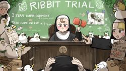 Rule 34 | 4girls, :&lt;, :d, ^ ^, arrow (symbol), bandaid, bandaid on head, bird, blonde hair, box, brown eyes, brown hair, bubble pipe, chair, chalk, chalkboard, chicken, closed eyes, clumsy nun (diva), commentary, diva (hyxpk), drawing, duck, duckling, english commentary, english text, feathers, fedora, footprints, freckles, frog headband, froggy nun (diva), grey hair, hammer, hands on own head, hanging plant, hat, highres, holding, holding hammer, holding paper, little nuns (diva), mole (animal), monocle, mouth hold, multiple girls, nun, open mouth, paper, pointing, poster (object), scratching cheek, shadow, sheep nun (diva), smile, spicy nun (diva), surprised, sweatdrop, top hat, toy hammer, traditional nun, trial, yellow eyes