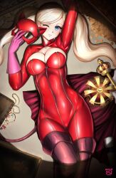 Rule 34 | 1girl, blonde hair, blue eyes, bodysuit, breasts, cat mask, catsuit, cleavage, cleavage cutout, clothing cutout, covered navel, cowboy shot, crown, finalcake, full-length zipper, gloves, grin, highres, large breasts, long hair, lying, mask, on back, one eye closed, persona, persona 5, pink gloves, red bodysuit, scepter, smile, spotlight, swept bangs, takamaki anne, twintails, very long hair, whip, zipper