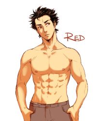 Rule 34 | 1boy, abs, brown hair, character name, creatures (company), feriowind, game freak, groin, hair slicked back, hands in pockets, looking to the side, male focus, muscular, nintendo, nipples, pokemon, pokemon sm, red (pokemon), red (pokemon sm), solo, topless male