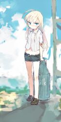 Rule 34 | 1girl, aged down, ahoge, bad id, bad pixiv id, blonde hair, blue eyes, blue sky, blush, bottle, cloud, day, dress shirt, full body, hanna-justina marseille, huge ahoge, loafers, long hair, milk, milk bottle, navel, ohashi (hashidate), open fly, outdoors, shirt, shoes, short sleeves, shorts, sky, solo, strike witches, unzipped, witches of africa, world witches series
