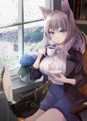 Rule 34 | 1girl, absurdres, animal ear fluff, animal ears, bad id, bad pixiv id, black jacket, blue flower, blue skirt, bookshelf, breasts, bug, butterfly, cleavage, cleavage cutout, clothing cutout, condensation, cowboy shot, cup, flower, hair between eyes, highres, holding, holding cup, holding saucer, hydrangea, indoors, insect, jacket, kurohikage, large breasts, long hair, long sleeves, looking at viewer, on chair, open clothes, open jacket, original, parted lips, plant, potted plant, purple eyes, purple hair, saucer, shirt, sitting, skirt, smoke, solo, white shirt, window, window fog