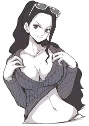 Rule 34 | 1girl, aosora2823, blush, breasts, cleavage, closed mouth, collarbone, eyewear on head, greyscale, hands up, high ponytail, highres, large breasts, long hair, long sleeves, monochrome, navel, nico robin, no pants, one piece, ribbed sweater, scoop neck, simple background, skindentation, smile, solo, stomach, sunglasses, sweater, upper body, very long hair, white background