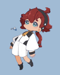 Rule 34 | 1girl, absurdres, ahoge, black footwear, black hairband, blue eyes, blush, boots, chibi, closed mouth, commentary request, eyebrows hidden by hair, full body, gundam, gundam suisei no majo, hair between eyes, hairband, highres, jacket, keyring, long hair, long sleeves, low ponytail, nozo (hitomiz), ponytail, red hair, short eyebrows, shorts, sleeves past wrists, solo, suletta mercury, thick eyebrows, very long hair, white jacket, white shorts
