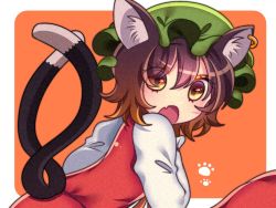 Rule 34 | 1girl, :o, animal ear fluff, animal ears, border, brown eyes, brown hair, cat ears, cat tail, chen, eyes visible through hair, fang, green hat, hair between eyes, hat, long sleeves, looking at viewer, mob cap, multiple tails, nekomata, open mouth, orange background, outside border, red vest, shirt, simple background, skin fang, solo, tail, touhou, tsugomori (remilia0398), two tails, upper body, vest, white border, white shirt