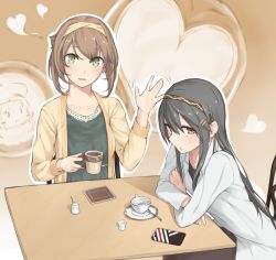 Rule 34 | 10s, 2girls, black hair, brown eyes, brown hair, casual, cellphone, collarbone, crossed arms, cup, enosan, error musume, from side, green eyes, hair ornament, hairband, hairclip, haruna (kancolle), heart, highres, kantai collection, long hair, looking at viewer, looking to the side, multiple girls, mutsu (kancolle), open mouth, phone, saucer, short hair, sitting, smartphone, spoon, sugar, table, teacup, waving