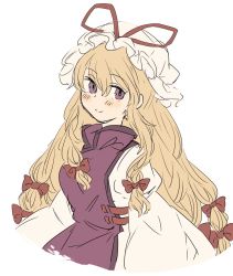 Rule 34 | 1girl, bad id, bad twitter id, blonde hair, blush, bow, closed mouth, dress, hair ribbon, hat, highres, long hair, long sleeves, looking at viewer, purple eyes, red bow, ribbon, simple background, smile, solo, tabard, touhou, tsukiori, upper body, very long hair, white background, white dress, white hat, yakumo yukari