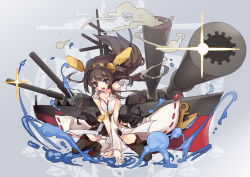 Rule 34 | 10s, 1girl, bare shoulders, boots, breasts, brown hair, cannon, cleavage, detached sleeves, double bun, hair ornament, hairband, japanese clothes, kantai collection, kongou (kancolle), long hair, nontraditional miko, open mouth, personification, ribbon trim, skirt, smile, solo, sparkle, thigh boots, thighhighs, torn clothes, turret, yoshiwo