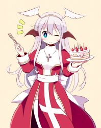Rule 34 | 1girl, bat wings, birthday cake, blush, bow, breasts, bright pupils, brown background, brown wings, cake, candle, closed mouth, commentary request, cowboy shot, cross, cross necklace, doridori, dress, fake wings, food, fork, fruit, grey hair, hair between eyes, hairband, head wings, high priest (ragnarok online), holding, holding fork, jewelry, juliet sleeves, long hair, long sleeves, looking at viewer, medium bangs, necklace, notice lines, one eye closed, puffy sleeves, ragnarok online, red dress, sash, simple background, small breasts, smile, solo, strawberry, thighhighs, two-tone dress, very long hair, white bow, white dress, white pupils, white sash, white thighhighs, wings, yellow hairband
