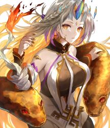 Rule 34 | 1girl, absurdres, bare shoulders, blonde hair, breasts, expressionless, fire emblem, fire emblem heroes, grey hair, gullveig (fire emblem), gullveig (seer beyond time) (fire emblem), highres, horns, jurge, large breasts, long hair, looking at viewer, multicolored hair, nintendo, pale skin, seidr (fire emblem), single horn, snake, snake hair, solo, two-tone hair, very long hair, yellow eyes