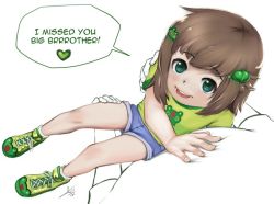 Rule 34 | 1girl, animal print, aogami, blue eyes, blue shorts, brown hair, child, denim, denim shorts, english text, faceless, faceless male, freckles, frog, frog hair ornament, frog print, full body, green footwear, green hair ornament, green shirt, hair ornament, holding, holding person, indie virtual youtuber, knees, lily hopkins, looking at viewer, lower teeth only, medium hair, open mouth, shirt, shoes, short, shorts, simple background, sneakers, socks, speech bubble, striped clothes, striped shirt, tagme, talking, teeth, thighs, upper teeth only, virtual youtuber, white background, white footwear