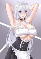 Rule 34 | 1girl, absurdres, aegir (iron blood&#039;s dragon maid) (azur lane), apron, armpits, arms up, azur lane, belfast (azur lane), blue eyes, blush, breasts, cleavage, enterprise (azur lane), freed turing, grey background, highres, large breasts, long hair, looking at viewer, maid headdress, parted lips, shirt, smile, solo, underboob, white apron, white headwear, white shirt