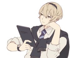 Rule 34 | 1boy, ai-wa, alternate costume, amazon (company), blonde hair, contemporary, fire emblem, fire emblem fates, green eyes, hair between eyes, hairband, holding, leo (fire emblem), male focus, necktie, nintendo, short hair, simple background, solo, tablet pc, upper body, white background