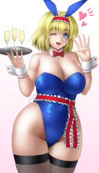 Rule 34 | 1girl, alice margatroid, animal ears, blonde hair, blue eyes, bow, bowtie, breasts, cleavage, detached collar, hairband, highres, huge breasts, leotard, one eye closed, ototarou, playboy bunny, rabbit ears, rabbit tail, sash, short hair, solo, tail, thighhighs, touhou, wide hips, wrist cuffs