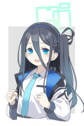 Rule 34 | 1girl, aris (blue archive), blue archive, blue eyes, blush, choumin z, clenched hands, collared shirt, grey hair, hairband, halo, highres, jacket, long hair, necktie, open clothes, open jacket, open mouth, shirt, side ponytail, smile, solo, upper body, white shirt