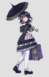Rule 34 | 1girl, black bow, black dress, black footwear, blue hair, bow, dress, frills, from behind, full body, gothic lolita, grey background, hair bow, holding, holding umbrella, idolmaster, idolmaster shiny colors, kamille (vcx68), lolita fashion, looking back, luggage, mary janes, morino rinze, pantyhose, parasol, red eyes, shoes, simple background, solo, suitcase, two side up, umbrella, white pantyhose