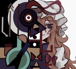 Rule 34 | 1girl, arrow (symbol), bow, circle, commentary, hair bow, hat, hat ribbon, long hair, looking at viewer, mob cap, red bow, red ribbon, ribbon, shindiyue, solo, square, symbol-only commentary, touhou, triangle, white background, yakumo yukari