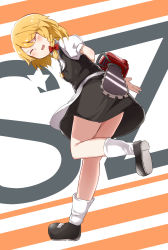 Rule 34 | 1girl, arms behind back, black footwear, black skirt, black vest, blonde hair, blush, bow, braid, breasts, chainsaw, character name, closed eyes, commentary request, cookie (touhou), full body, hair bow, highres, holding, holding chainsaw, kirisame marisa, leaning forward, long hair, medium breasts, open mouth, power tool, puffy short sleeves, puffy sleeves, red bow, shirt, shoes, short sleeves, side braid, single braid, skirt, smile, socks, solo, standing, standing on one leg, star (symbol), suzu (cookie), touhou, vest, white shirt, white socks, yumekamaborosh