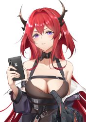 Rule 34 | 1girl, arknights, bare shoulders, belt, black belt, black dress, black jacket, blush, breasts, cleavage, commentary request, dress, hair between eyes, hair intakes, highres, holding, horns, jacket, large breasts, long hair, looking at viewer, off shoulder, parted lips, purple eyes, red hair, ri qing, simple background, sleeveless, sleeveless dress, surtr (arknights), white background