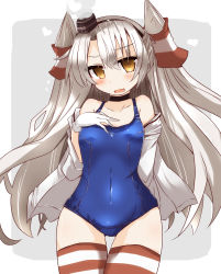 Rule 34 | 10s, 1girl, :d, amatsukaze (kancolle), arm behind back, blue one-piece swimsuit, blush, breast suppress, breasts, brown eyes, collarbone, fang, gloves, hair between eyes, hair tubes, hat, head tilt, heart, highres, kantai collection, long hair, looking at viewer, medium breasts, off shoulder, one-piece swimsuit, open clothes, open mouth, open shirt, outside border, shirogane (platinum), shirt, silhouette, silver hair, smile, solo, steam, striped clothes, striped thighhighs, sweatdrop, swimsuit, thighhighs, two side up, very long hair, white gloves