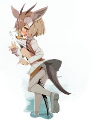 Rule 34 | 10s, 1girl, ahoge, animal ears, bad id, bad pixiv id, blush, brown eyes, brown hair, brown pantyhose, clothes lift, extra ears, from side, full body, gazelle ears, gazelle horns, gazelle tail, highres, horns, kemono friends, long sleeves, looking at viewer, miniskirt, multicolored hair, panties, panties over pantyhose, pantyhose, pantyshot, partially submerged, pleated skirt, polearm, shirt lift, short hair, simple background, skirt, solo, spear, standing, standing on one leg, sweatdrop, tail, tears, teranekosu, thomson&#039;s gazelle (kemono friends), underwear, wading, weapon, white background, white footwear, white hair, white pantyhose, white skirt