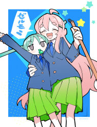 Rule 34 | 2girls, absurdres, ahoge, aqua hair, arm around waist, arm up, blazer, blue background, blue jacket, blue necktie, blush, border, broom, buttons, closed eyes, collared shirt, commentary, copyright name, facing viewer, feet out of frame, floating hair, fue (zelmoni), furuya-san (zelmoni), green skirt, grey eyes, hair ornament, hairclip, height difference, highres, hikimayu, holding, holding broom, jacket, kokaki mumose, long hair, long sleeves, looking at viewer, mouth hold, multiple girls, necktie, no pupils, open mouth, outside border, pink hair, pleated skirt, romaji text, school uniform, shirt, sidelocks, skirt, smile, speech bubble, translated, twintails, v-shaped eyebrows, very long hair, wavy hair, whistle, white border, white shirt, zelmoni