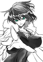 Rule 34 | 1girl, breasts, coat, commentary request, covered erect nipples, foreshortening, fubuki (one-punch man), fur coat, green eyes, greyscale, jewelry, jin (mugenjin), large breasts, looking at viewer, monochrome, navel, necklace, one-punch man, open clothes, short hair, solo