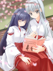 Rule 34 | bad id, bad pixiv id, blue hair, book, cherry blossoms, closed eyes, japanese clothes, kazushima, leaning on person, miko, open mouth, original, grey eyes, silver hair, sitting, sleeping, smile, tatami