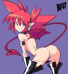 Rule 34 | 1girl, 2017, :3, :q, artist logo, ass, bad id, bad twitter id, bat wings, bigdead, black gloves, boots, choker, cleft of venus, clothing aside, dated, demon, demon girl, demon horns, demon tail, demon wings, disgaea, earrings, etna (disgaea), eyelashes, from behind, gloves, hands on own knees, highres, horns, jewelry, looking at viewer, looking back, medium hair, mini wings, pointy ears, purple background, pussy, red eyes, red hair, red thighhighs, simple background, skull, skull earrings, smile, solo, tail, thigh boots, thighhighs, thighhighs under boots, thighs, tongue, tongue out, topless, twintails, uncensored, underwear, wings