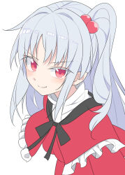 Rule 34 | 1girl, blush, closed mouth, dress, e.o., grey hair, hair bobbles, hair ornament, highres, long hair, looking at viewer, one side up, red dress, red eyes, shinki (touhou), simple background, smile, solo, touhou, touhou (pc-98), upper body, white background