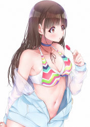 Rule 34 | 1girl, :p, absurdres, bikini, bikini top only, blue choker, breasts, brown hair, candy, choker, commentary request, food, highres, holding, holding candy, holding food, holding lollipop, idolmaster, idolmaster shiny colors, lollipop, long hair, looking away, medium breasts, multicolored bikini, multicolored clothes, nail polish, navel, red eyes, simple background, solo, sonoda chiyoko, swimsuit, tongue, tongue out, tutinako, white background