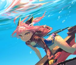 Rule 34 | 1girl, ahoge, azur lane, bad id, bad twitter id, bubble, chromatic aberration, competition swimsuit, hair ornament, highres, jacket, one-piece swimsuit, pink hair, rias-coast, swimsuit, u-81 (azur lane), underwater, yellow eyes
