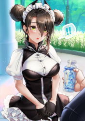 Rule 34 | !, !!, 1boy, 1girl, :o, agent (girls&#039; frontline), asymmetrical hair, black gloves, black hair, blurry, blurry foreground, blush, breasts, chocolate, commission, double bun, dress, frilled dress, frills, girls&#039; frontline, gloves, hair between eyes, hair bun, iria (yumeirokingyo), large breasts, maid, maid headdress, medium hair, open mouth, puffy short sleeves, puffy sleeves, short sleeves, yellow eyes