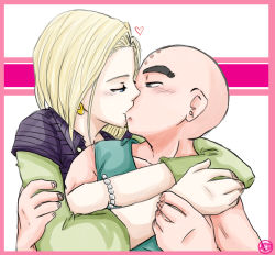 Rule 34 | 1boy, 1girl, android 18, aqua tank top, artist request, bald, black eyes, blonde hair, blue eyes, bracelet, collarbone, couple, dragon ball, dragonball z, earrings, eye contact, half-closed eyes, heart, hetero, hug, hug from behind, husband and wife, jewelry, kiss, kuririn, long sleeves, looking at another, neck, short hair, tank top, thick eyebrows, upper body