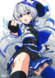 Rule 34 | 1girl, absurdres, amane kanata, amane kanata (work), asanaya, asymmetrical legwear, black gloves, black shirt, black socks, blue hair, blue skirt, blue thighhighs, clenched hands, fighting stance, fingerless gloves, from below, gloves, hair ornament, hairclip, hat, hat ornament, highres, hololive, jacket, kneehighs, long hair, multicolored hair, official alternate costume, official alternate hairstyle, open mouth, pleated skirt, purple eyes, shadow, shirt, silver hair, single kneehigh, single sock, single thighhigh, skirt, socks, solo, star (symbol), star hair ornament, star hat ornament, teeth, thigh strap, thighhighs, two-tone hair, uneven legwear, upper teeth only, v-shaped eyebrows, virtual youtuber, white jacket