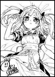 Rule 34 | 1girl, akitsuki itsuki, apron, black border, blush, border, copyright request, dated, dress, greyscale, hair spread out, hand up, looking at viewer, lying, maid apron, monochrome, neck ribbon, on back, parted lips, puffy short sleeves, puffy sleeves, ribbon, short sleeves, signature, solo, twintails, untying