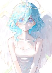 Rule 34 | 1girl, angel, angel wings, bare arms, blue eyes, blue hair, breasts, collarbone, commentary, crying, crying with eyes open, dress, english commentary, feathered wings, furina (genshin impact), genshin impact, halo, heterochromia, highres, looking at viewer, malfuncio, medium hair, parted lips, simple background, small breasts, solo, tears, upper body, white background, white dress, wings