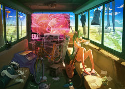 Rule 34 | 1girl, aircraft, amplifier, bag, banner, bare legs, barefoot, basket, bicycle, bird, black cat, blanket, blue sky, boots, unworn boots, box, broken, broken glass, bus, bus interior, cable, cameo, camisole, cardboard box, cat, chopsticks, cloud, cup, cup ramen, day, dirigible, dog, drinking glass, duffel bag, feet, flower, frying pan, full body, glass, glowing, glowing eyes, green eyes, green hair, guitar, hatsune miku, head rest, headphones, highres, holding, holding pen, huu00, indoors, instrument, jar, kagamine rin, kettle, knees up, laundry, light, light bulb, light rays, long hair, looking away, looking to the side, magazine (object), matching hair/eyes, megurine luka, motor vehicle, notebook, panties, panty peek, paper, pen, poster (medium), poster (object), poverty, power lines, power strip, refrigerator, sad, scenery, shadow, unworn shirt, sitting, skinny, skirt, unworn skirt, sky, skyline, sleeveless, solo, spring onion, stream, sunbeam, sunlight, tape, thigh boots, thighhighs, unworn thighhighs, tire, toilet paper, toothbrush, twintails, underwear, underwear only, utility pole, vehicle, very long hair, vocaloid