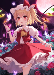 Rule 34 | 1girl, animal, ascot, blonde hair, blurry, blurry foreground, blush, bug, butterfly, collared shirt, crystal, fang, flandre scarlet, flower, frilled shirt collar, frills, hat, highres, insect, miy@, mob cap, open mouth, pointy ears, red eyes, red flower, red rose, red skirt, red vest, rose, shirt, short sleeves, skirt, solo, touhou, vest, white hat, white shirt, wings, wrist cuffs, yellow ascot