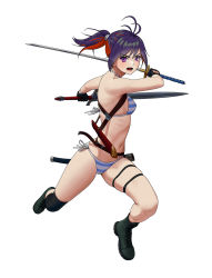 Rule 34 | 1girl, ahoge, bikini, black footwear, black gloves, black legwear, blue hair, blush, breasts, carlo montie, dual wielding, full body, gloves, highres, holding, holding sword, holding weapon, katana, looking at viewer, multicolored hair, navel, open mouth, original, purple eyes, red hair, running, sheath, shoes, short ponytail, simple background, small breasts, solo, striped bikini, striped clothes, swimsuit, sword, twisted torso, two-tone hair, weapon, white background