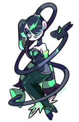 Rule 34 | 1girl, alternate color, bags under eyes, colored skin, detached collar, detached sleeves, dress, full body, green eyes, green hair, hair over one eye, highres, leviathan (skullgirls), looking at viewer, monster 0101, open mouth, side ponytail, skullgirls, smile, socks, solo, squigly (skullgirls), stitched mouth, stitches, striped clothes, striped sleeves, striped socks, white background, white skin, zombie