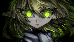 Rule 34 | 1girl, aura, black background, blonde hair, closed mouth, commentary, english commentary, expressionless, glowing, glowing eyes, green eyes, hair between eyes, highres, hoshitsuyu, long bangs, long eyelashes, looking at viewer, mizuhashi parsee, pointy ears, scarf, short hair, solo, touhou, upper body, white scarf