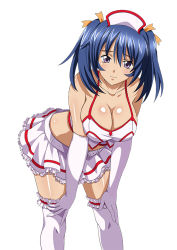 Rule 34 | 00s, 1girl, bare shoulders, bashoku youjou, blue hair, breasts, cleavage, female focus, hair ornament, ikkitousen, large breasts, leaning forward, looking at viewer, pink eyes, short twintails, skirt, smile, solo, standing, thighhighs, twintails