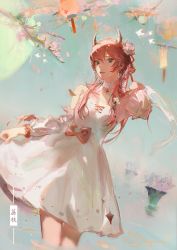 Rule 34 | 1girl, bare shoulders, bird, bow, branch, breasts, choker, clothes lift, commentary, cowboy shot, cross-laced clothes, detached sleeves, dress, english commentary, flower, frilled choker, frills, green eyes, hair between eyes, hair flower, hair ornament, hair ribbon, hand up, highres, horns, long hair, long sleeves, looking at viewer, mistedsky, open mouth, original, partially submerged, pink bow, pink hair, ribbon, shade, skirt, skirt lift, small breasts, solo, tress ribbon, wading, waist bow, water, white choker, white dress, white flower, white neckwear, white ribbon